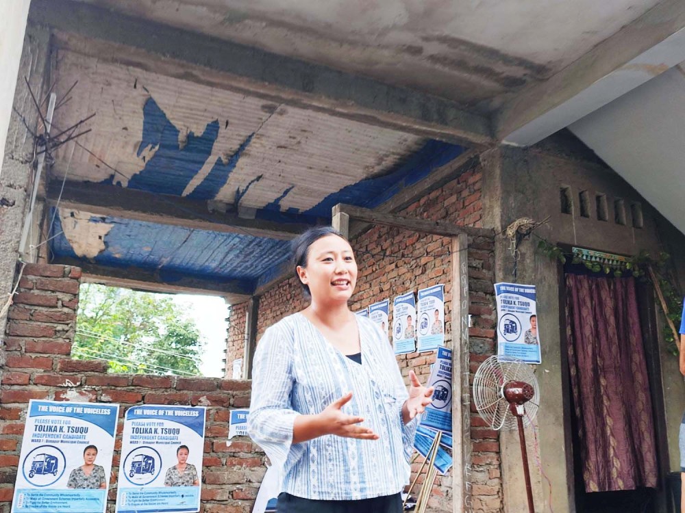 Independent candidate from the reserved Ward-7 Dimapur, Tolika K Tsuqu speaks to media on June 23. (Morung Photo)